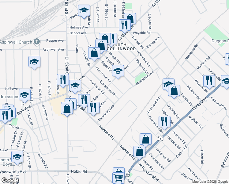 map of restaurants, bars, coffee shops, grocery stores, and more near 1013 Evangeline Road in Cleveland