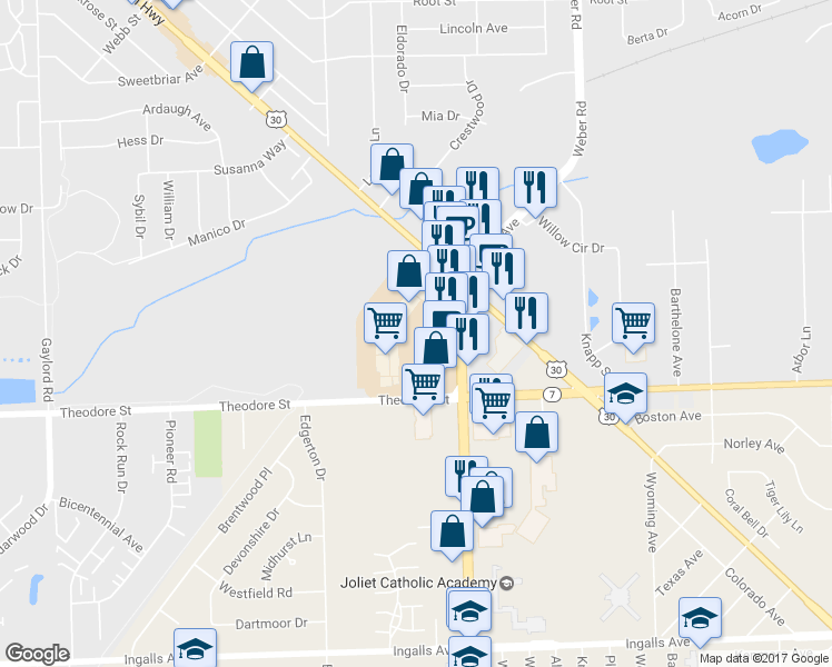 map of restaurants, bars, coffee shops, grocery stores, and more near 1701 Larkin Avenue in Crest Hill