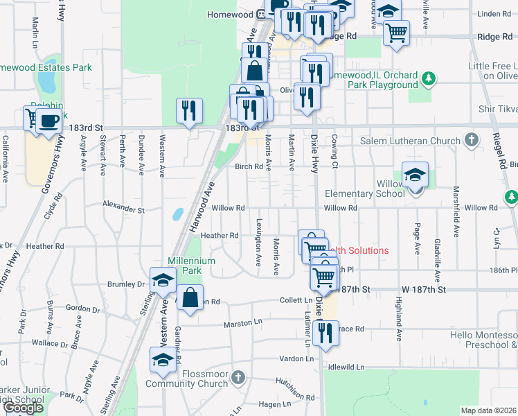 map of restaurants, bars, coffee shops, grocery stores, and more near Willow Road in Homewood
