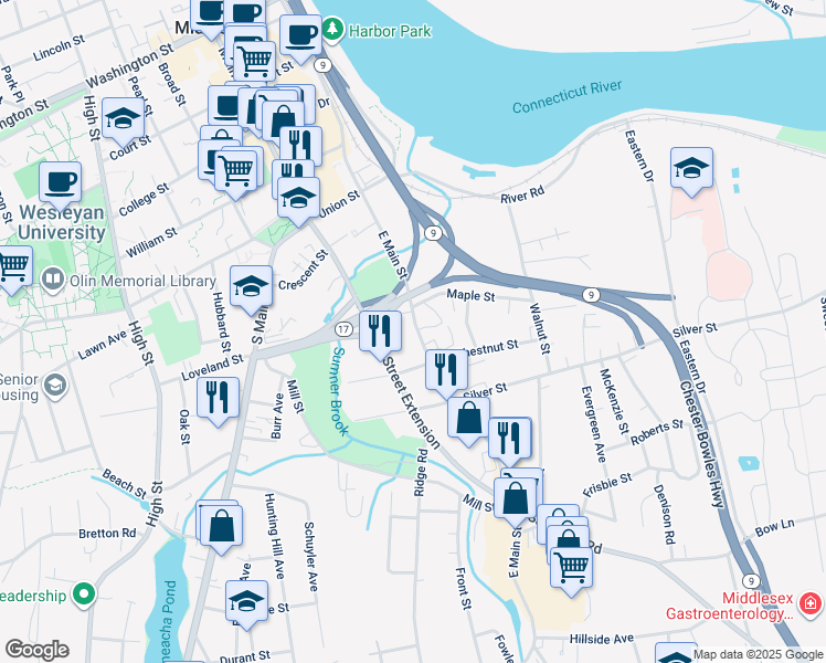 map of restaurants, bars, coffee shops, grocery stores, and more near 99 East Main Street in Middletown
