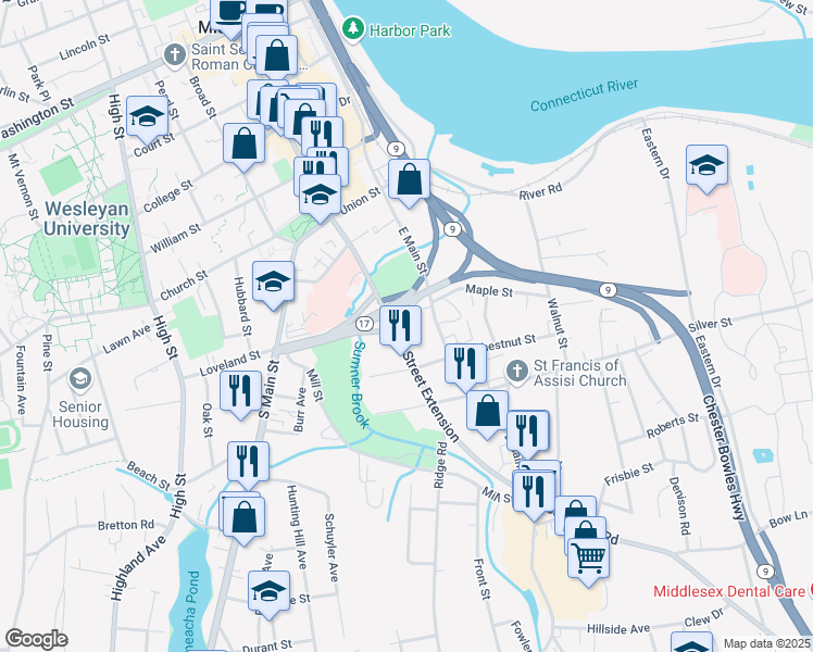 map of restaurants, bars, coffee shops, grocery stores, and more near 99 East Main Street in Middletown
