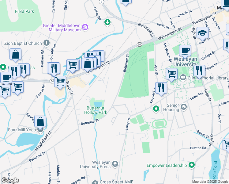map of restaurants, bars, coffee shops, grocery stores, and more near 66 Thomas Street in Middletown