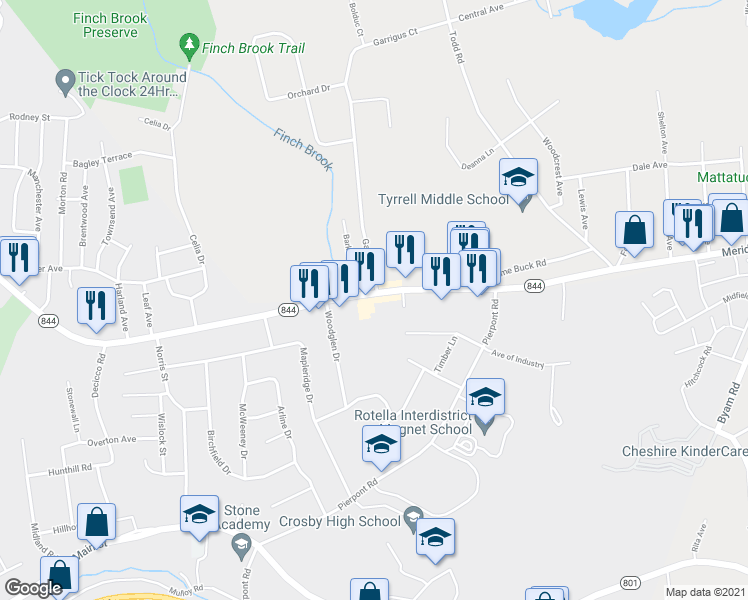 map of restaurants, bars, coffee shops, grocery stores, and more near 1344 Meriden Road in Waterbury