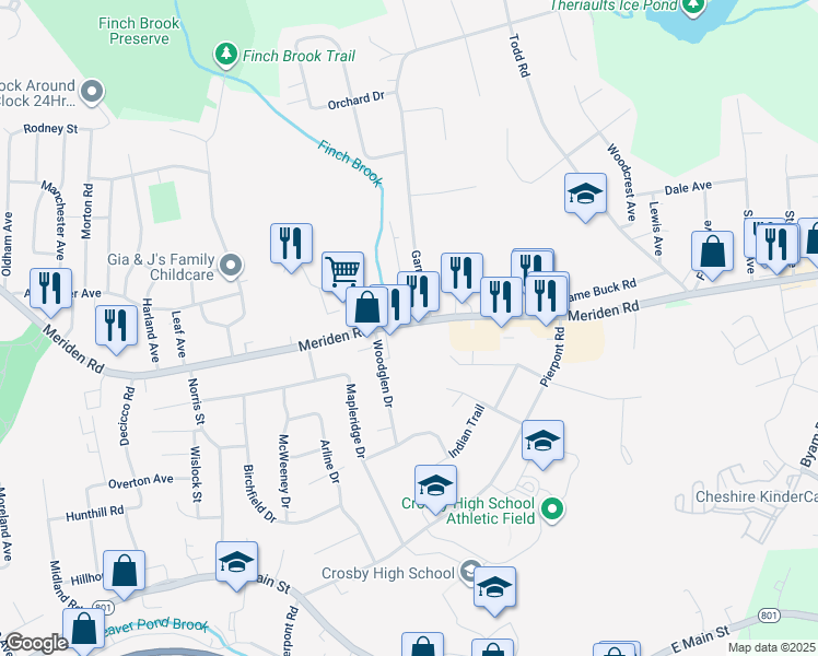 map of restaurants, bars, coffee shops, grocery stores, and more near 1344 Meriden Road in Waterbury