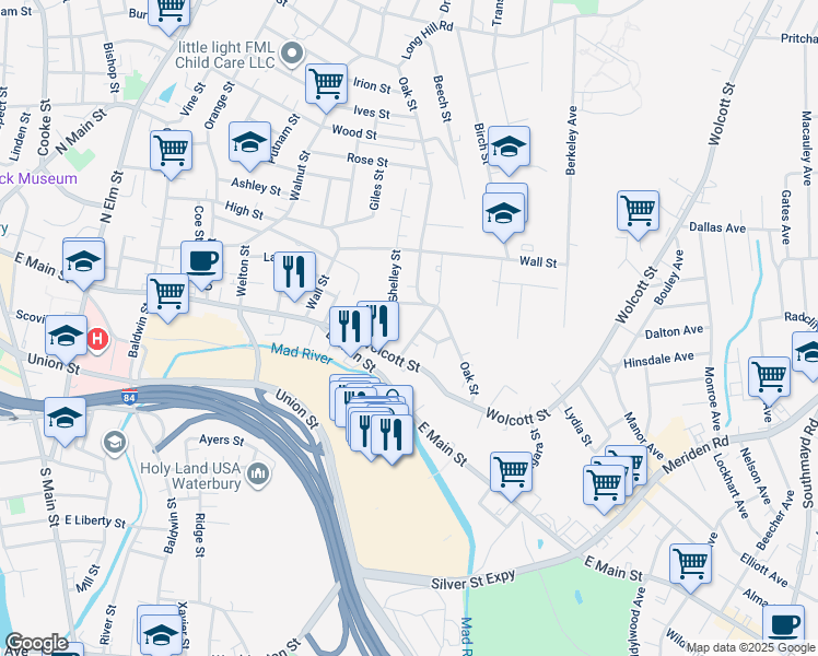 map of restaurants, bars, coffee shops, grocery stores, and more near 15 Howard Street in Waterbury