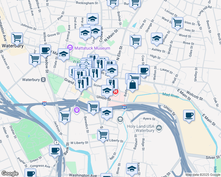 map of restaurants, bars, coffee shops, grocery stores, and more near 88 Union Street in Waterbury