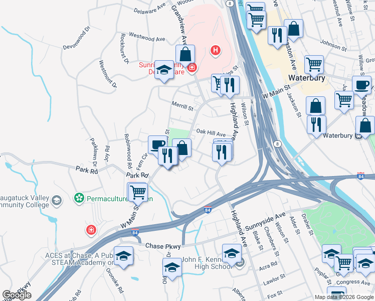 map of restaurants, bars, coffee shops, grocery stores, and more near 1201 West Main Street in Waterbury