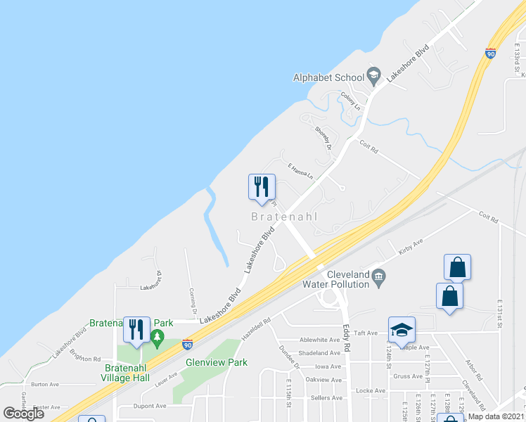 map of restaurants, bars, coffee shops, grocery stores, and more near 1 Bratenahl Place in Cleveland
