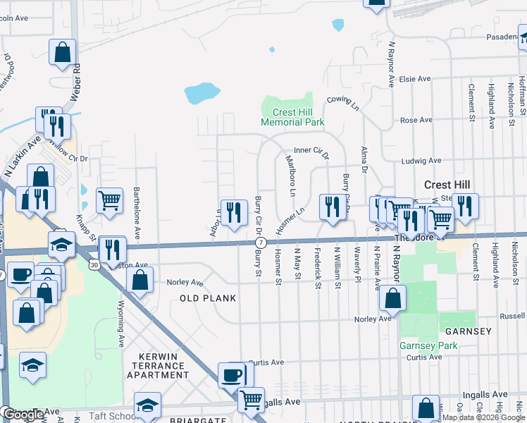 map of restaurants, bars, coffee shops, grocery stores, and more near 1606 Burry Circle Drive in Crest Hill