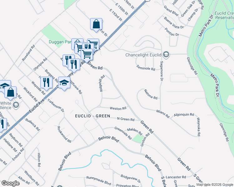 map of restaurants, bars, coffee shops, grocery stores, and more near 18089 Blandford Road in Cleveland
