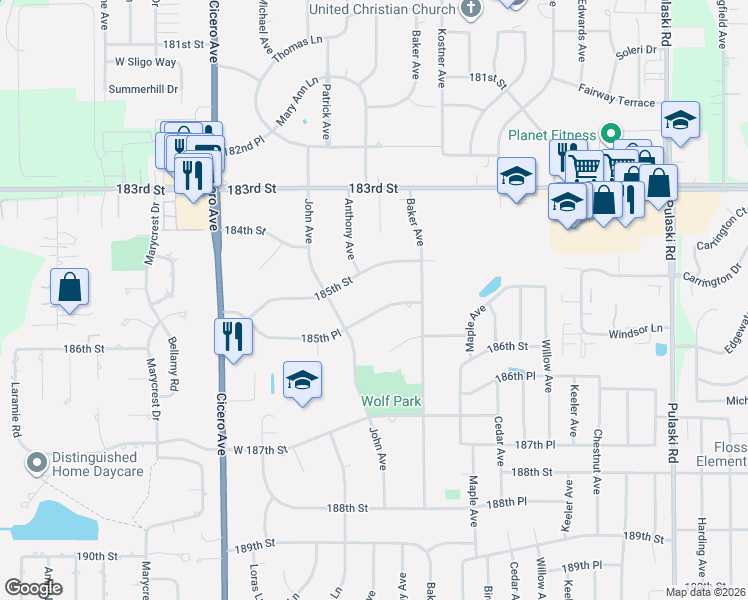 map of restaurants, bars, coffee shops, grocery stores, and more near 4501 185th Place in Country Club Hills