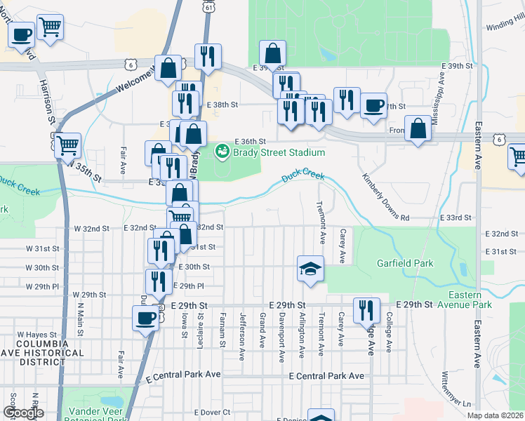 map of restaurants, bars, coffee shops, grocery stores, and more near 3206 Davenport Avenue in Davenport
