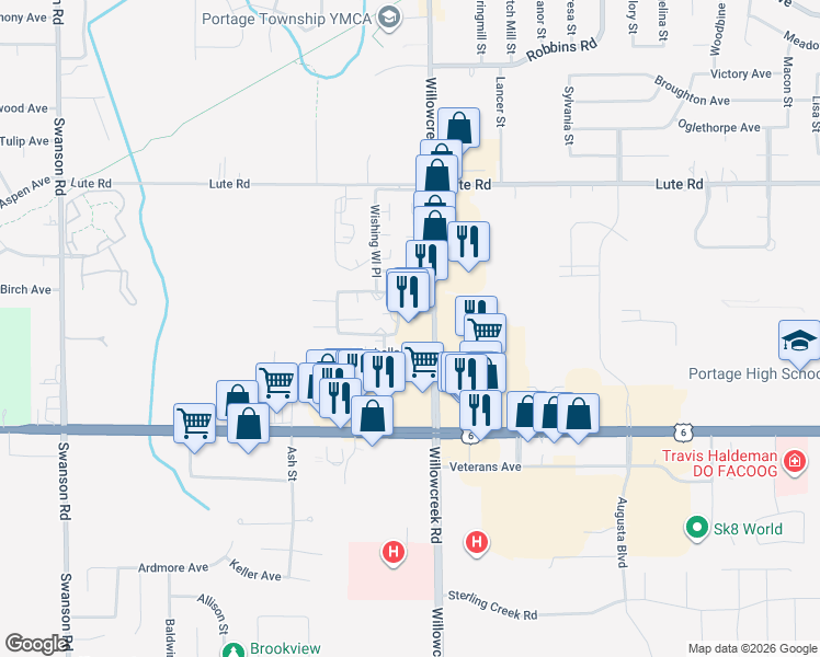 map of restaurants, bars, coffee shops, grocery stores, and more near 5998 Marbella Avenue in Portage