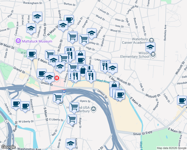 map of restaurants, bars, coffee shops, grocery stores, and more near in Waterbury