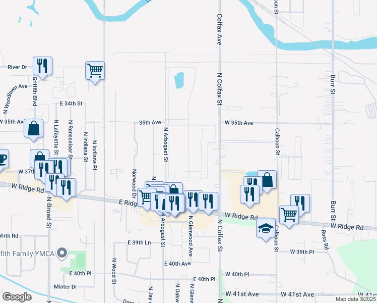map of restaurants, bars, coffee shops, grocery stores, and more near 1750 North Mansard Boulevard in Griffith