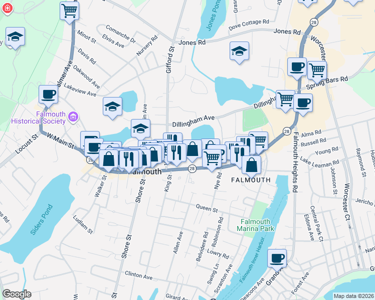 map of restaurants, bars, coffee shops, grocery stores, and more near 486 Main Street in Falmouth