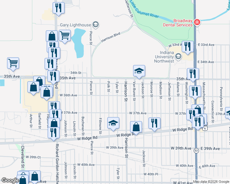 map of restaurants, bars, coffee shops, grocery stores, and more near 901 West 36th Avenue in Gary