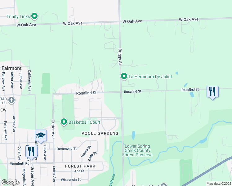 map of restaurants, bars, coffee shops, grocery stores, and more near 17635 Rosalind Street in Joliet