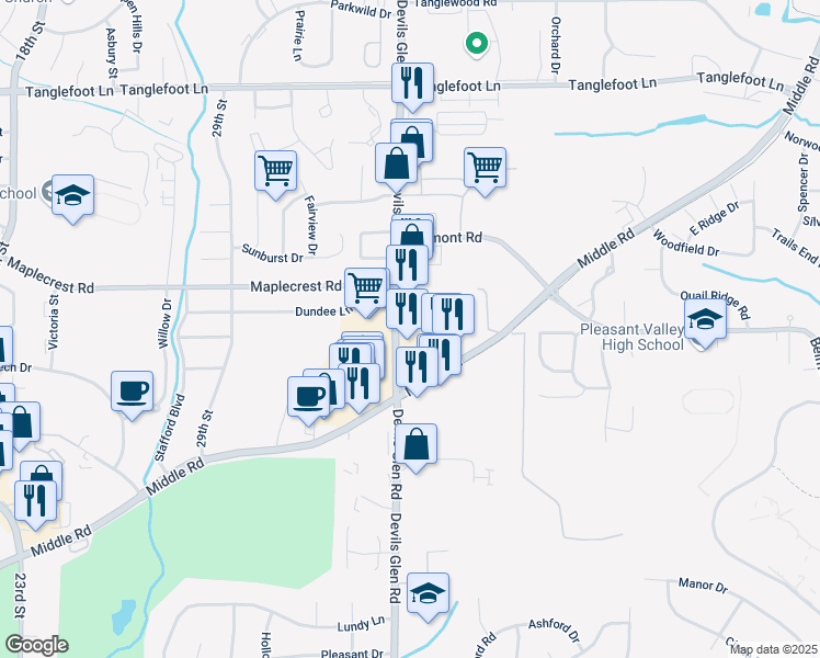 map of restaurants, bars, coffee shops, grocery stores, and more near 2951 Devils Glen Rd in Bettendorf