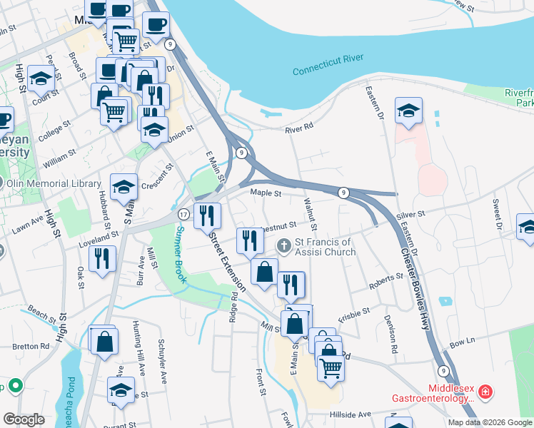 map of restaurants, bars, coffee shops, grocery stores, and more near 13 Maple Place in Middletown
