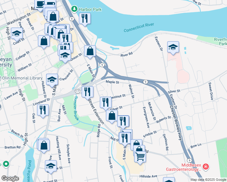 map of restaurants, bars, coffee shops, grocery stores, and more near 54 Chestnut Street in Middletown