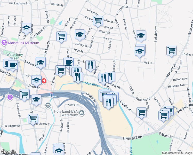map of restaurants, bars, coffee shops, grocery stores, and more near 758 East Main Street in Waterbury