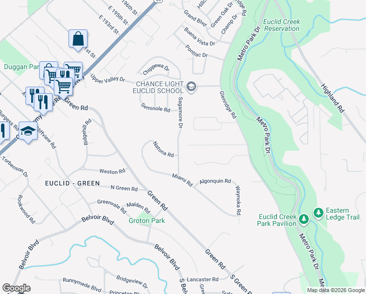 map of restaurants, bars, coffee shops, grocery stores, and more near 2051 Sagamore Drive in Euclid