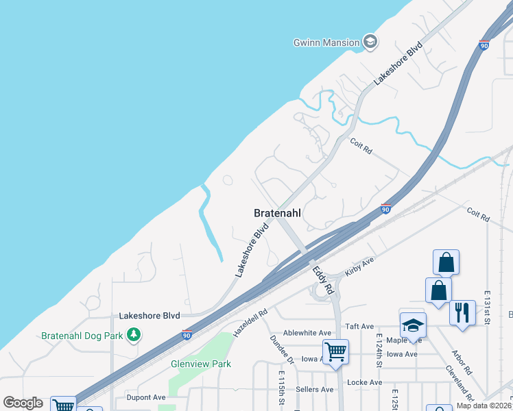 map of restaurants, bars, coffee shops, grocery stores, and more near 1 Bratenahl Place in Cleveland