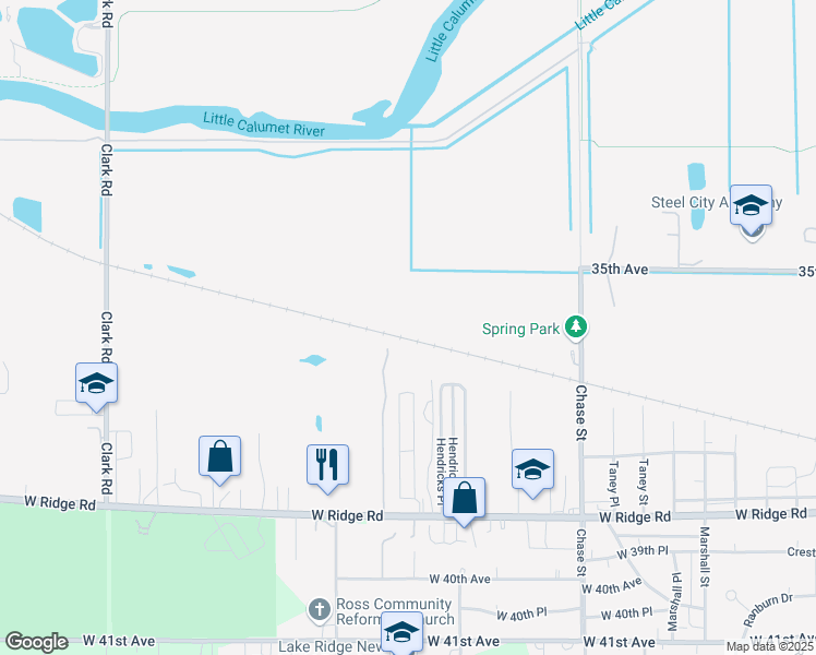 map of restaurants, bars, coffee shops, grocery stores, and more near 3620 Chase Appr Street in Gary