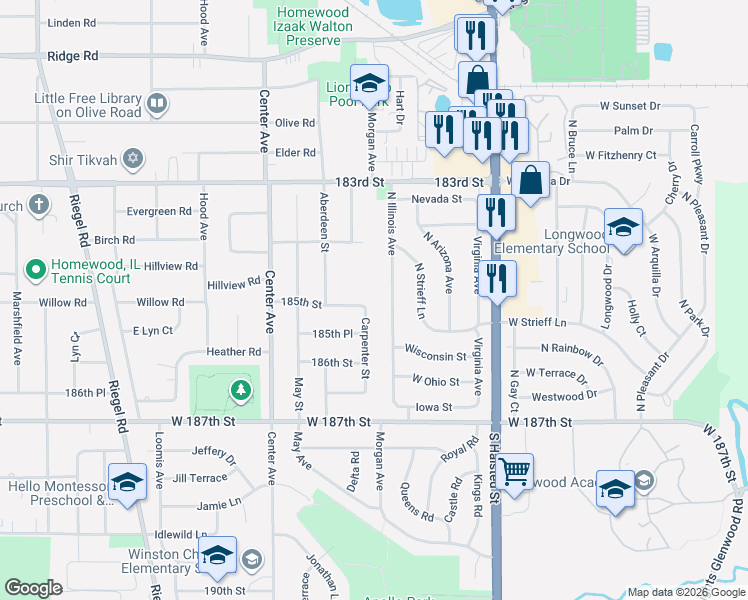 map of restaurants, bars, coffee shops, grocery stores, and more near 18510 Carpenter Street in Homewood