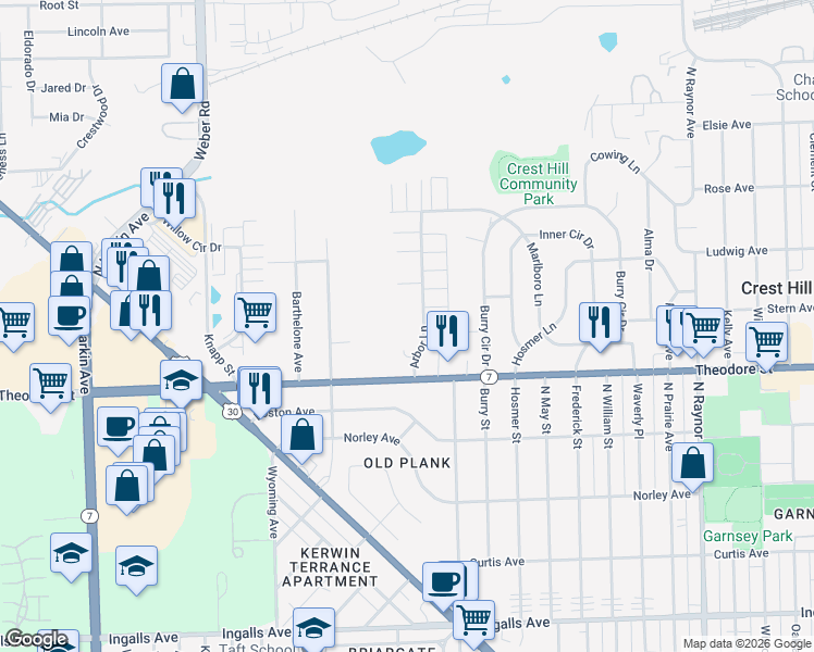 map of restaurants, bars, coffee shops, grocery stores, and more near 1600 Arbor Lane in Crest Hill