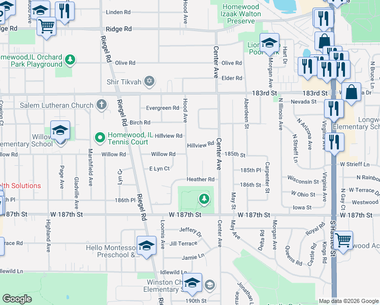 map of restaurants, bars, coffee shops, grocery stores, and more near 18525 Hood Avenue in Homewood