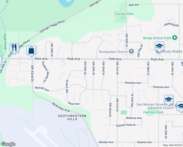map of restaurants, bars, coffee shops, grocery stores, and more near 3501 Southwest 35th Street in Des Moines