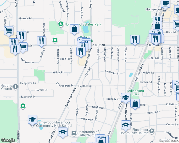map of restaurants, bars, coffee shops, grocery stores, and more near 18453 Clyde Road in Homewood