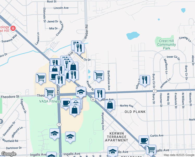 map of restaurants, bars, coffee shops, grocery stores, and more near 1520 Theodore Street in Crest Hill