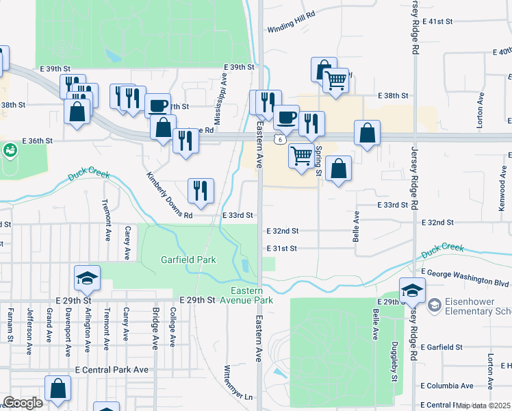 map of restaurants, bars, coffee shops, grocery stores, and more near 3314 Eastern Avenue in Davenport