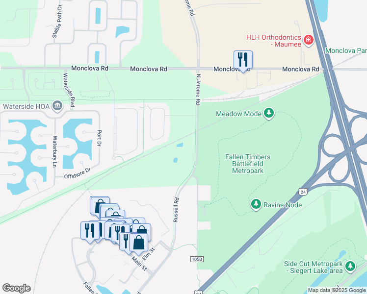 map of restaurants, bars, coffee shops, grocery stores, and more near 4760 North Jerome Road in Maumee
