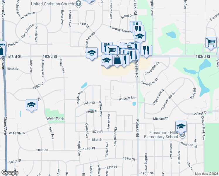 map of restaurants, bars, coffee shops, grocery stores, and more near 4541 Windsor Lane in Country Club Hills