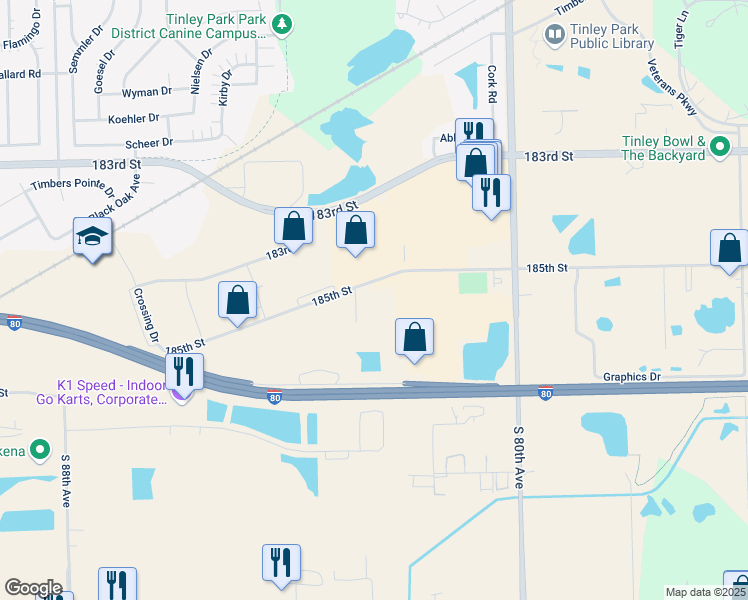 map of restaurants, bars, coffee shops, grocery stores, and more near 18501 Northstar Court in Tinley Park