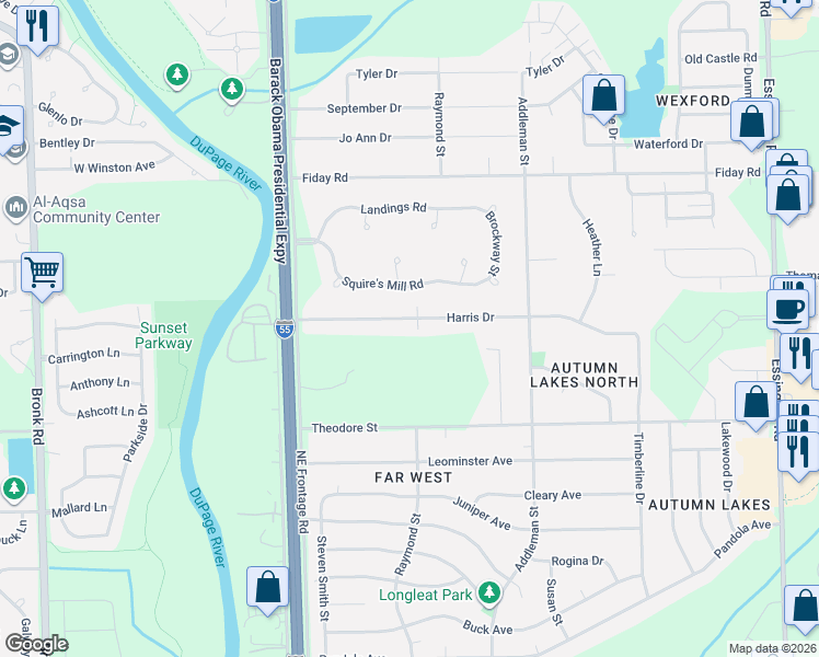 map of restaurants, bars, coffee shops, grocery stores, and more near 3102 Harris Drive in Joliet