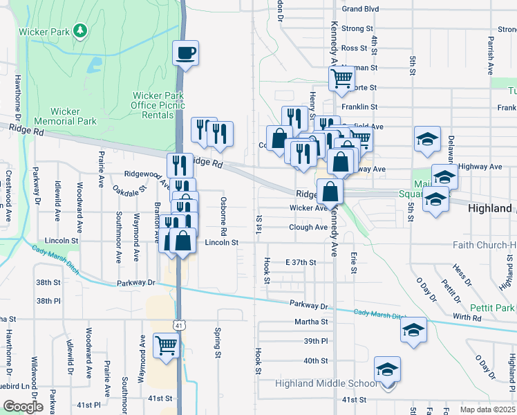 map of restaurants, bars, coffee shops, grocery stores, and more near 8786 1st Street in Highland