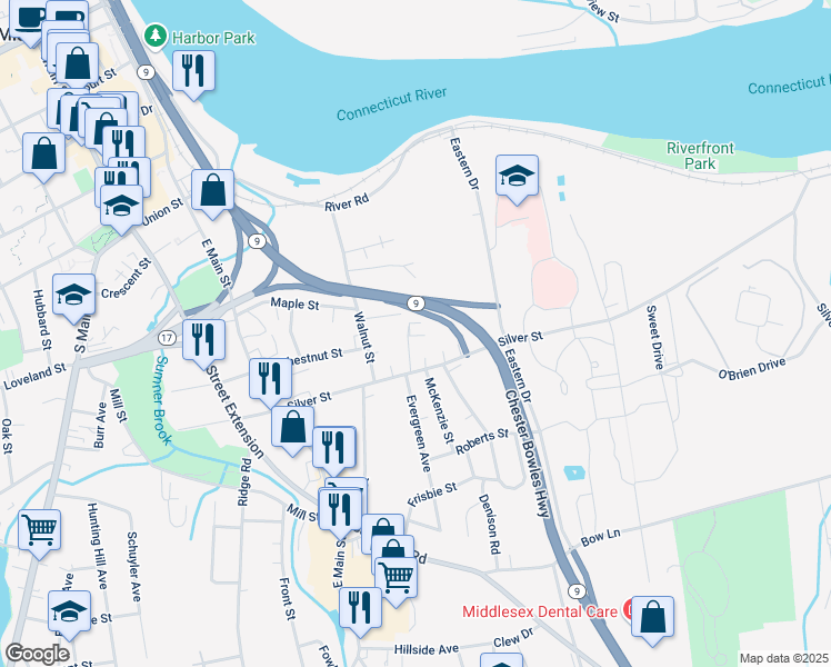 map of restaurants, bars, coffee shops, grocery stores, and more near 6 Silver Drive in Middletown