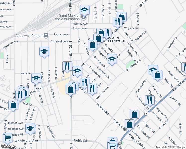 map of restaurants, bars, coffee shops, grocery stores, and more near 15613 Kipling Avenue in Cleveland