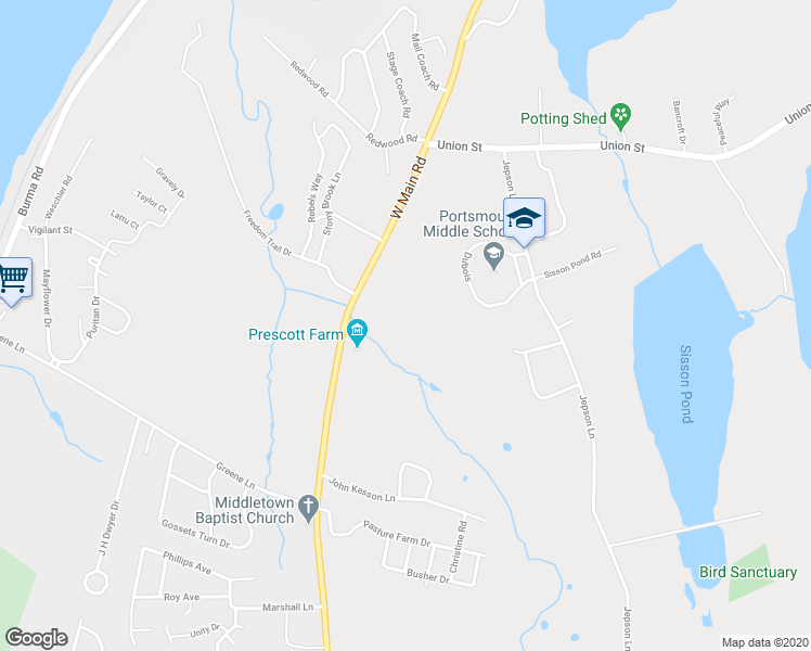 map of restaurants, bars, coffee shops, grocery stores, and more near 2562 West Main Road in Portsmouth