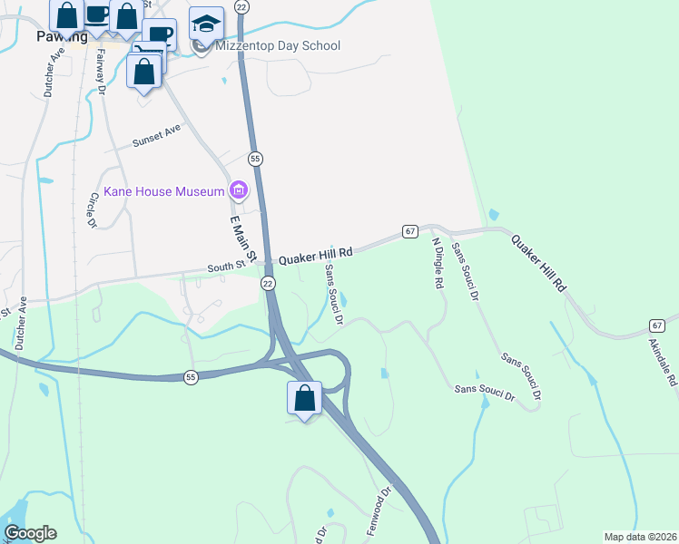 map of restaurants, bars, coffee shops, grocery stores, and more near 155 San Souci Drive in Pawling
