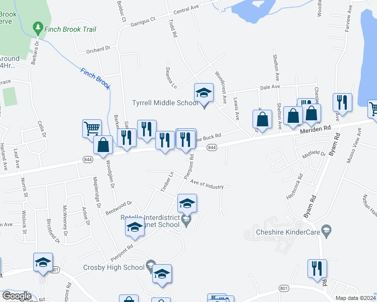 map of restaurants, bars, coffee shops, grocery stores, and more near 1500 Meriden Road in Waterbury