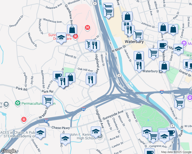map of restaurants, bars, coffee shops, grocery stores, and more near 98 Ledgeside Avenue in Waterbury