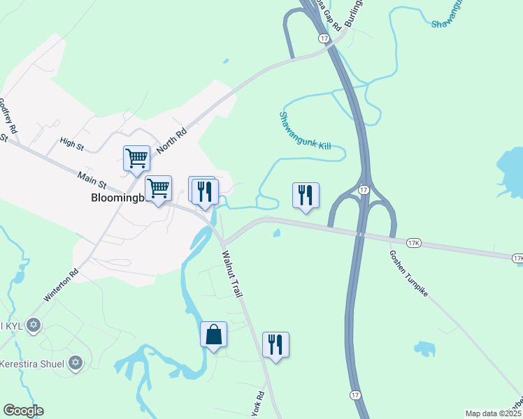 map of restaurants, bars, coffee shops, grocery stores, and more near 10 Highway 17K in Bloomingburg