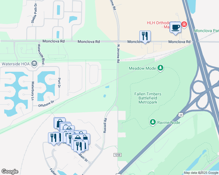 map of restaurants, bars, coffee shops, grocery stores, and more near 4820 North Jerome Road in Maumee