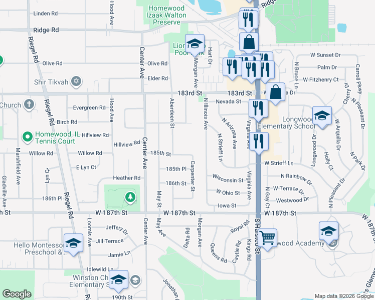 map of restaurants, bars, coffee shops, grocery stores, and more near 18510 Carpenter Street in Homewood